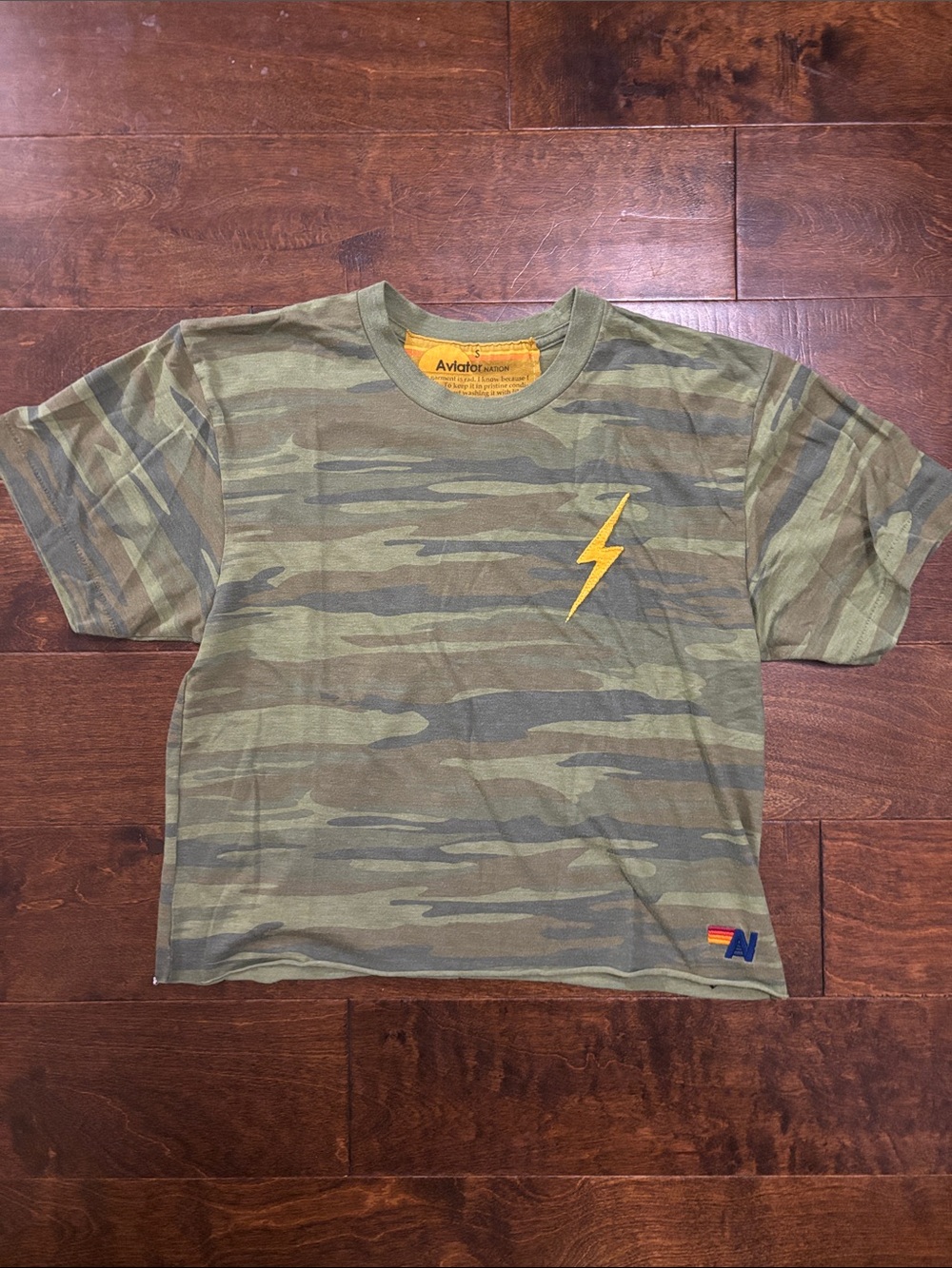 Aviator Nation Olive Camo Short Sleeve Tee with Yellow Lightning